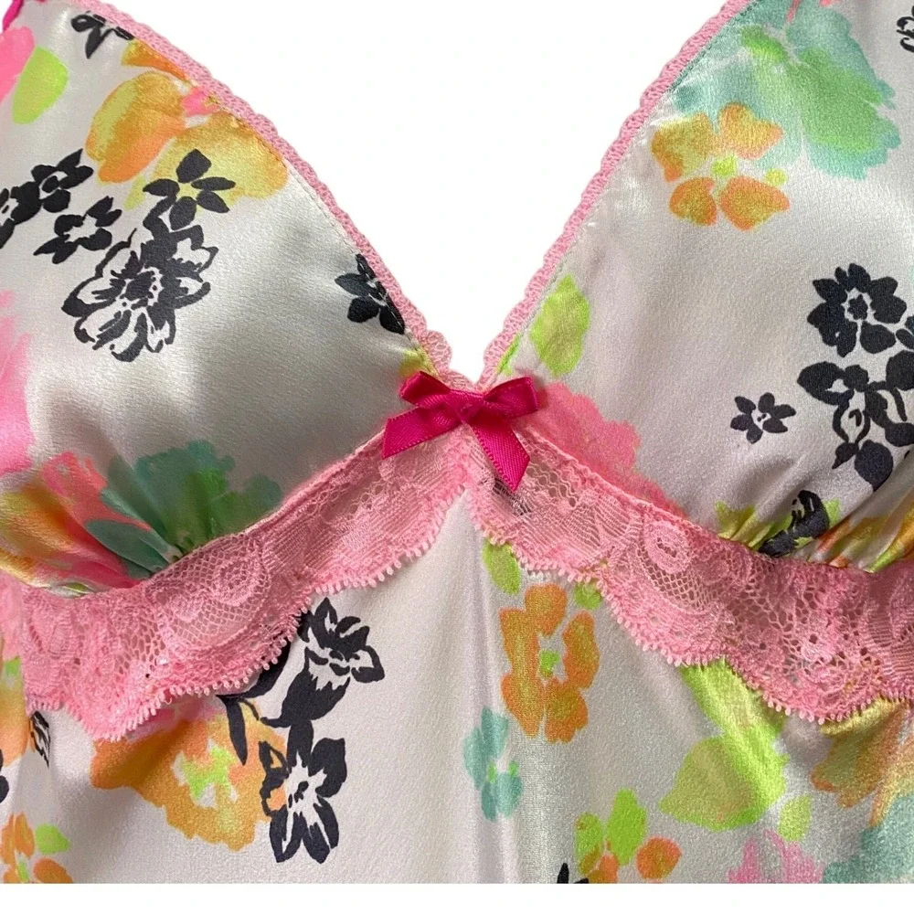 Victoria Secret M‎ Floral Satin Lace Trim Slip Dress Lingerie Babydoll Cottage